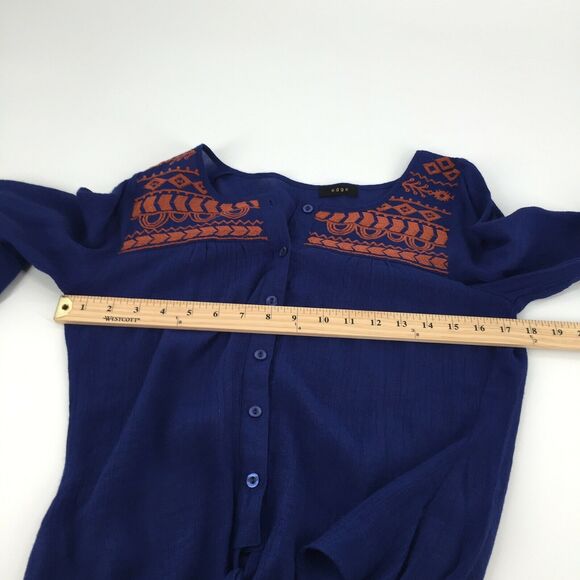 Edge Embroidered Tie Front Top Size Medium Royal Blue Dark Orange Boho Blouse M - Picture 7 of 8